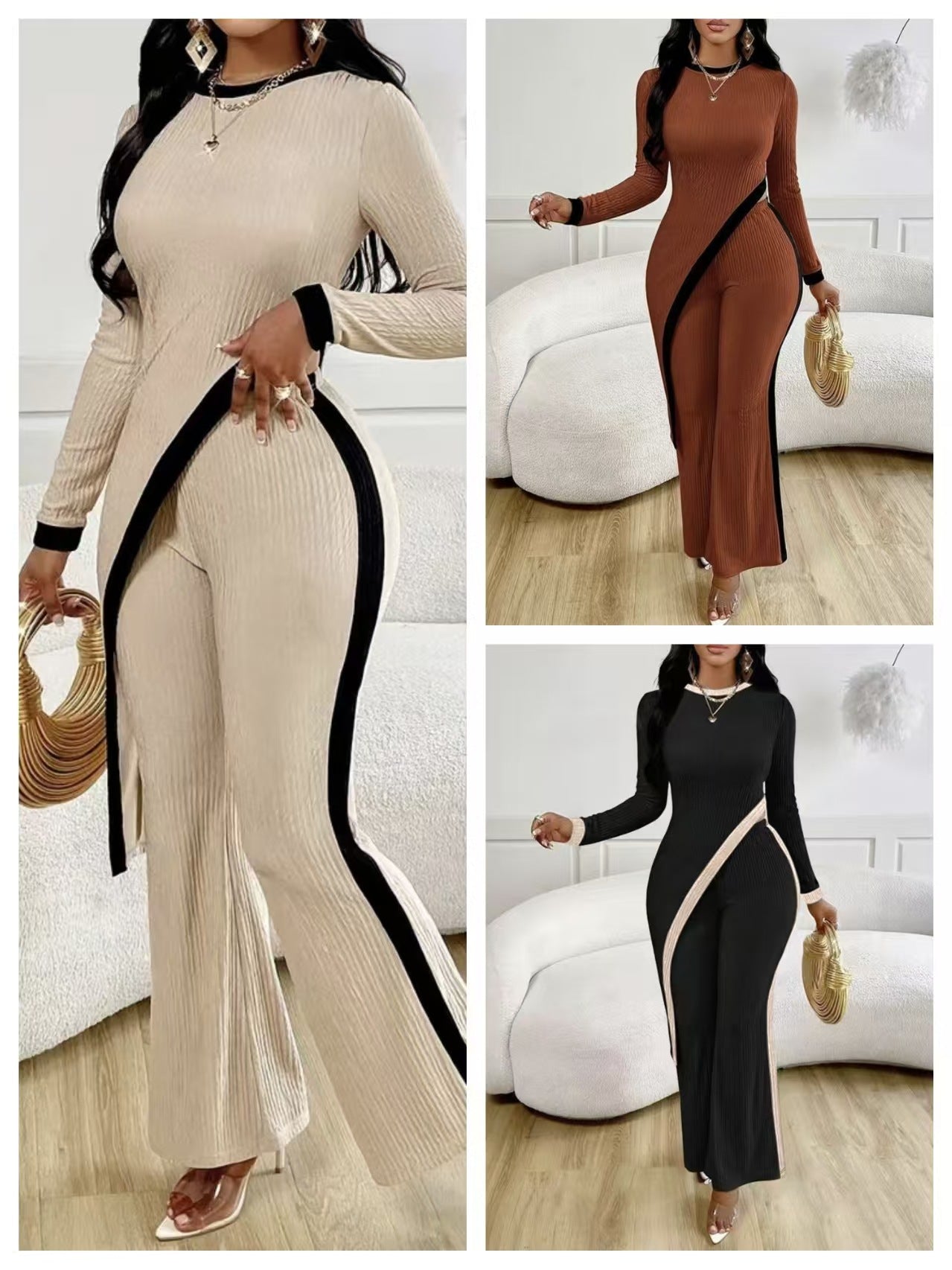 Fashionable Color-Contrast Slit T-Shirt