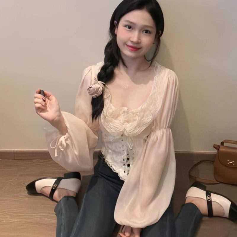 French Court-Style Lace-Up Blouse for Women