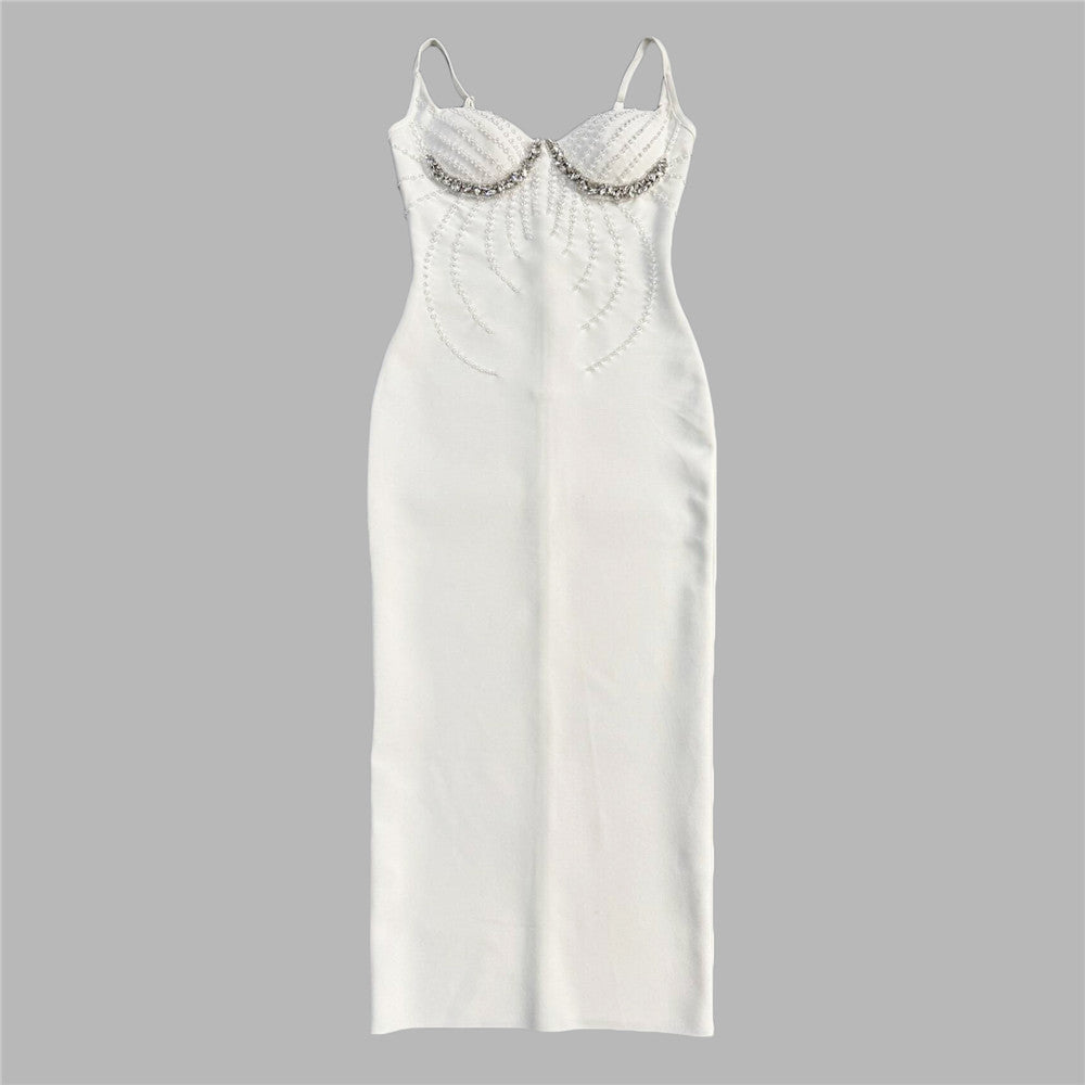 Beaded Rhinestone V-neck Bandage Dress