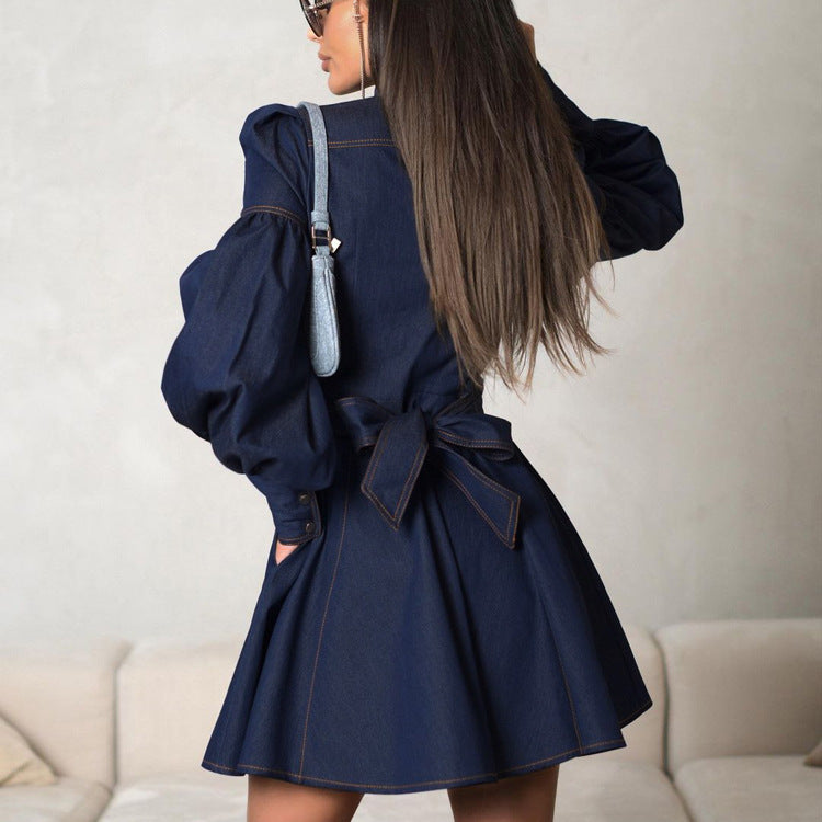 Denim Shirt Dress with Lantern Sleeves and Belt