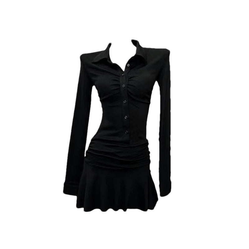 Black Pleated Long Sleeve Shirt Dress