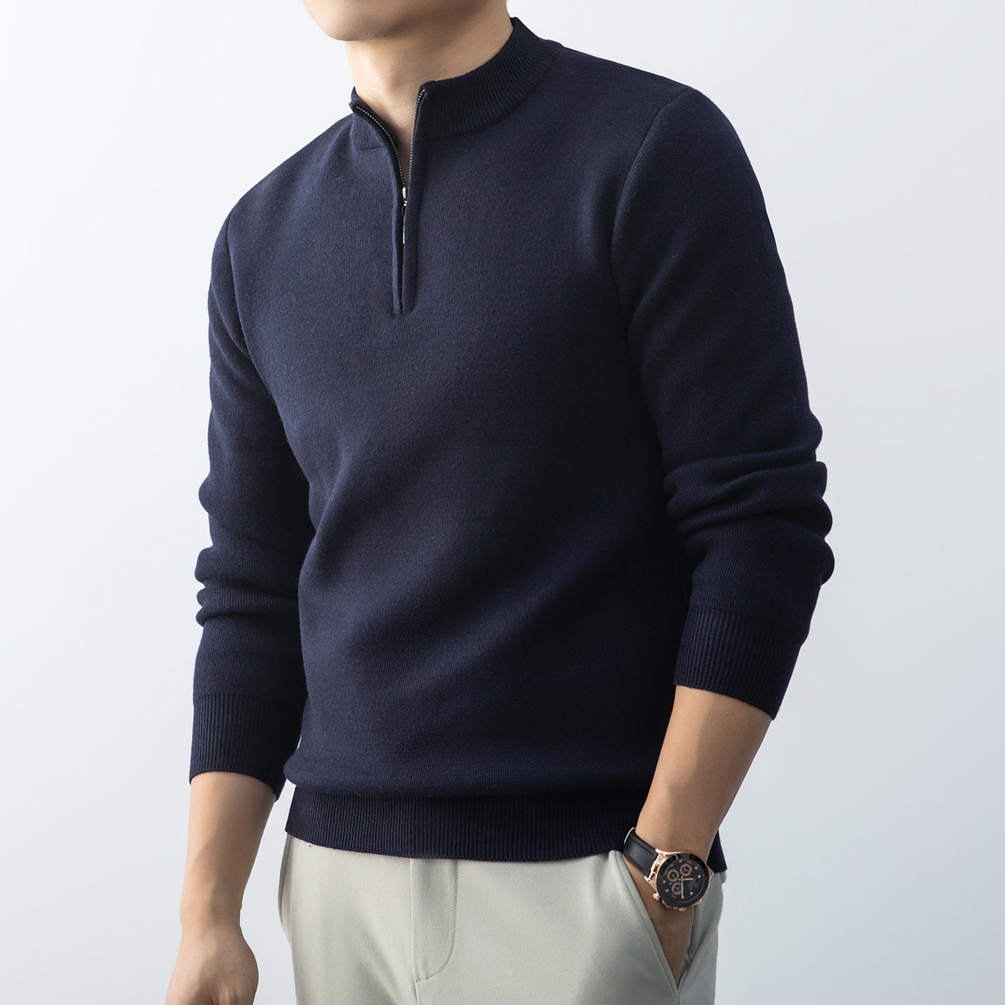 Men's Casual Fleece-Lined Knit Sweater with Zipper