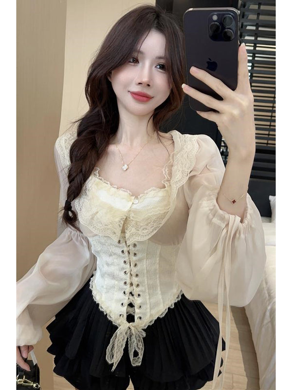 French Court-Style Lace-Up Blouse for Women
