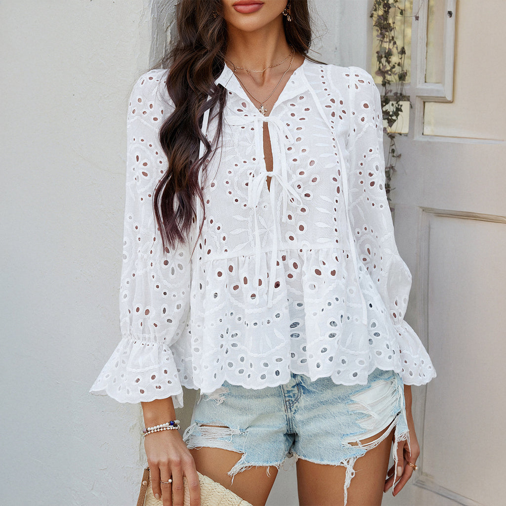 Loose Fit Lace-Up Cut Out Knit Shirt for Women