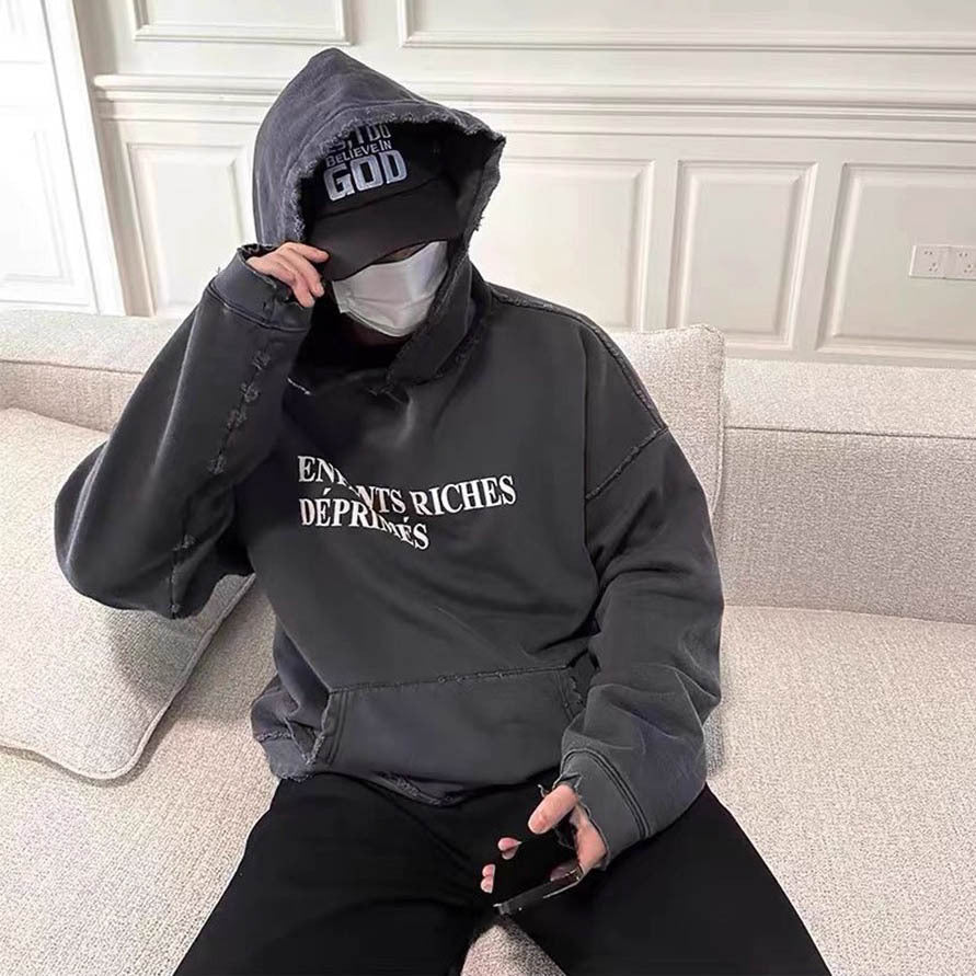 Erd Crazy Washed Distressed Loose Fit Hoodie Sweatshirt