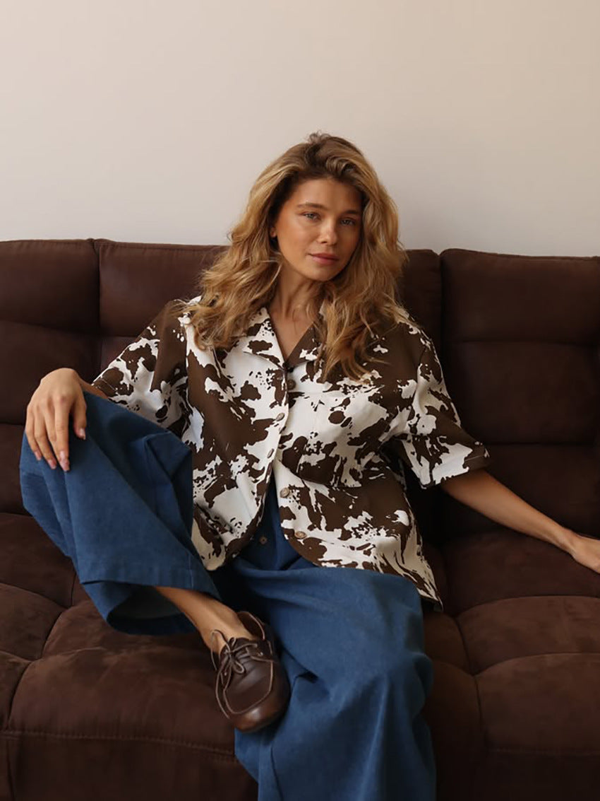 Loose Lapel Printed Short-Sleeved Jacket for Women