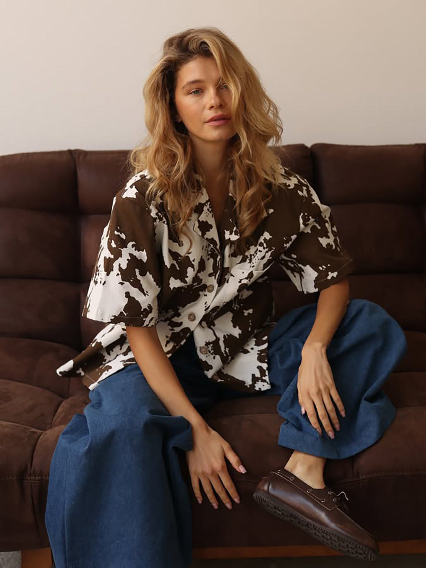 Loose Lapel Printed Short-Sleeved Jacket for Women