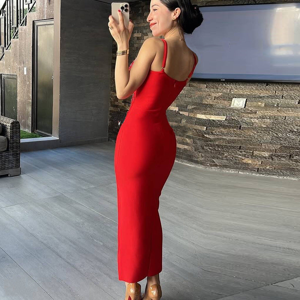 Beaded Rhinestone V-neck Bandage Dress