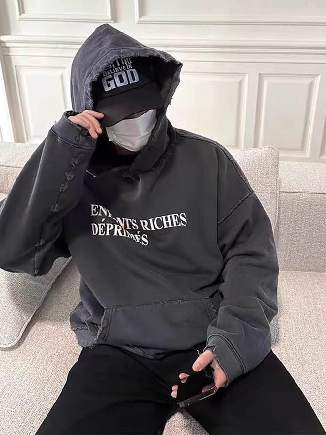 Erd Crazy Washed Distressed Loose Fit Hoodie Sweatshirt