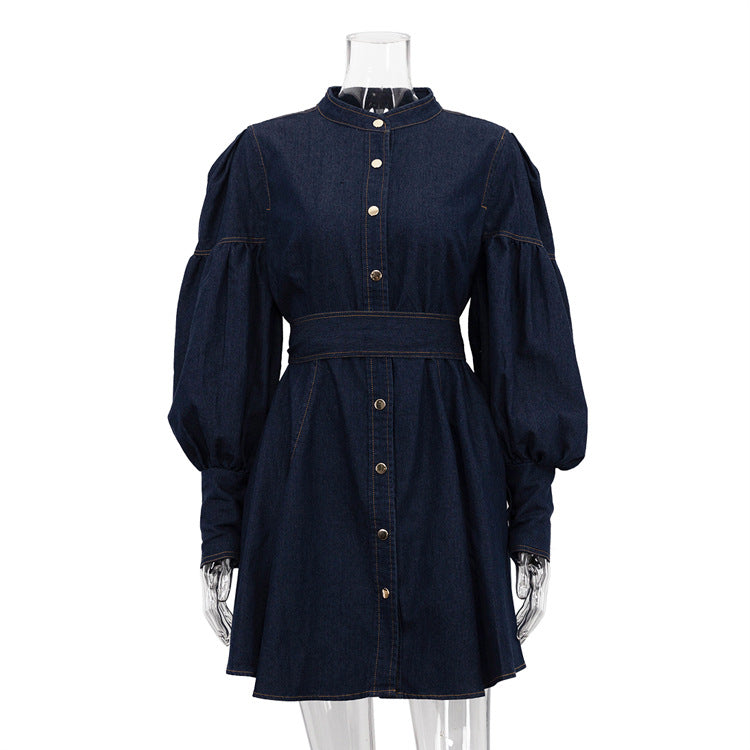 Denim Shirt Dress with Lantern Sleeves and Belt