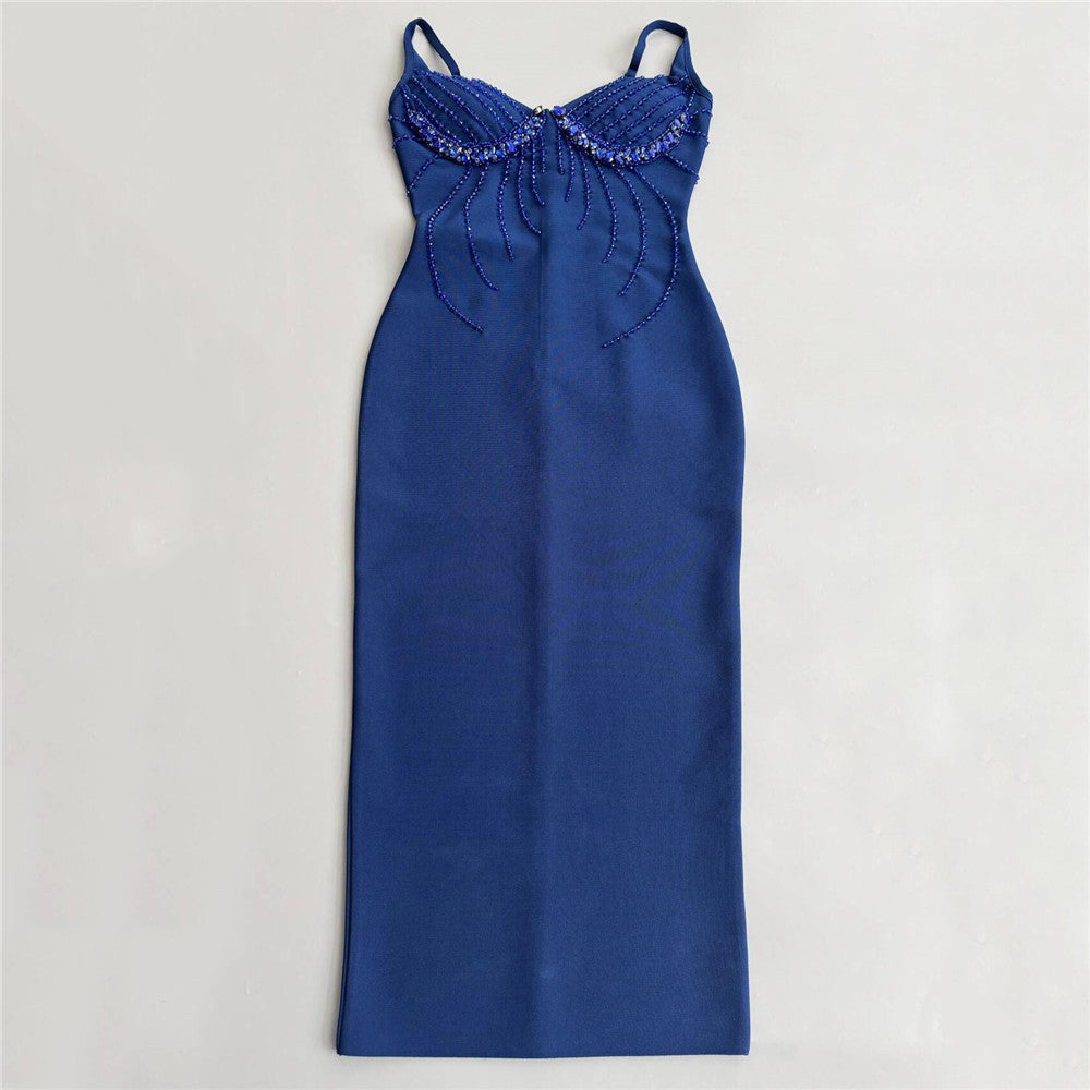 Beaded Rhinestone V-neck Bandage Dress