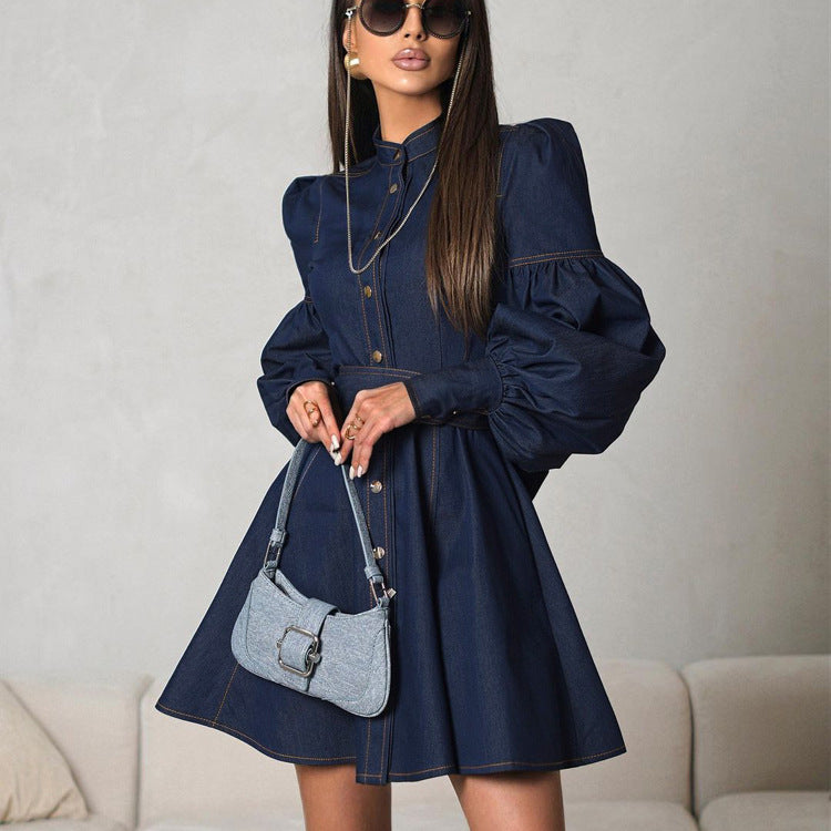 Denim Shirt Dress with Lantern Sleeves and Belt