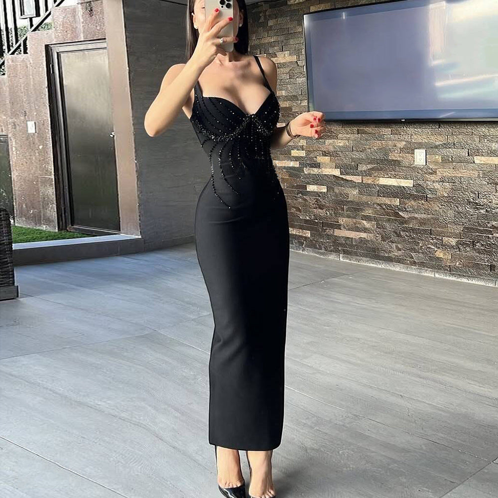 Beaded Rhinestone V-neck Bandage Dress