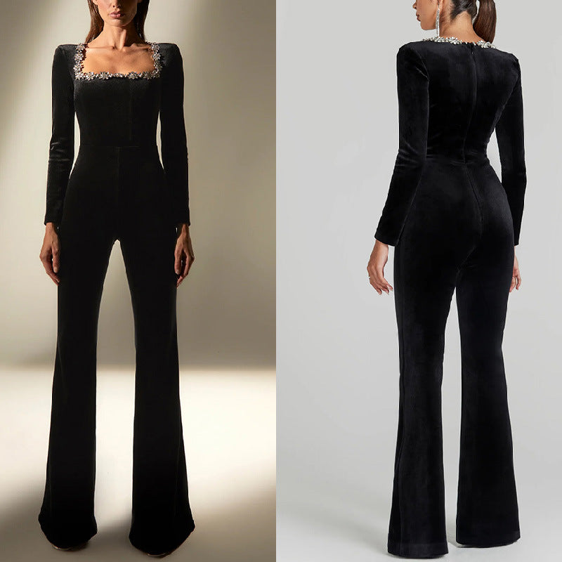 Draped with diamonds, velvet square-necked one-piece dress