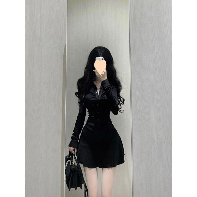 Black Pleated Long Sleeve Shirt Dress